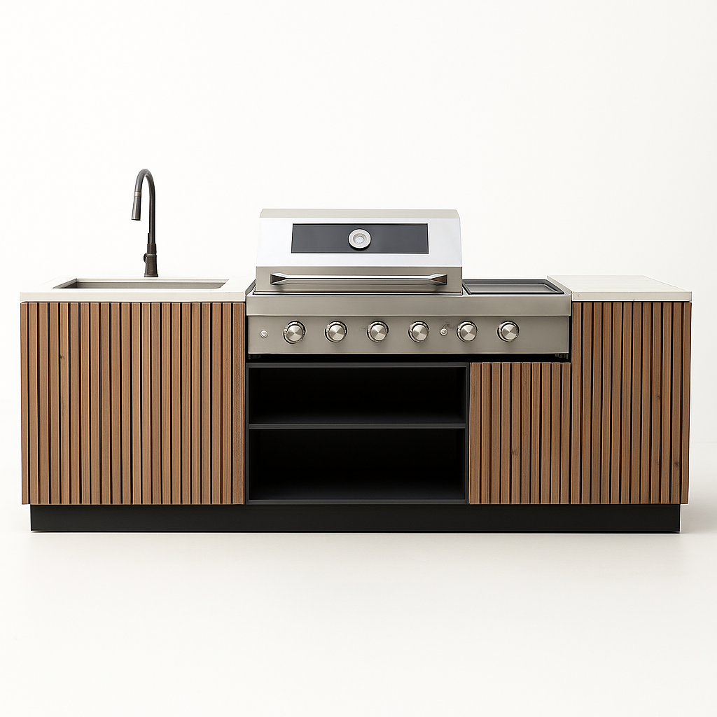 Outdoor Kitchen Island Built for Premium Grilling, Six-Burner Grill, Integrated Sink, Teak Wood Panels