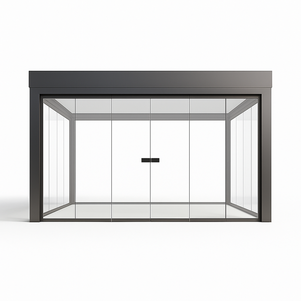 Smart Pergola Pavilion Built for Year-Round Use, Motorized Roof Panels, Tempered Glass Walls, Integrated LED