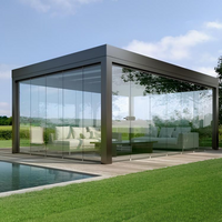 Smart Pergola Pavilion Built for Year-Round Use, Motorized Roof Panels, Tempered Glass Walls, Integrated LED