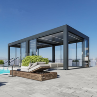 Smart Pergola Pavilion Built for Year-Round Use, Motorized Roof Panels, Tempered Glass Walls, Integrated LED
