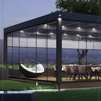 Smart Pergola Pavilion Built for Year-Round Use, Motorized Roof Panels, Tempered Glass Walls, Integrated LED