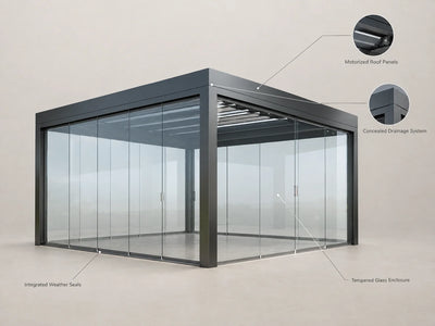Smart Pergola Pavilion Built for Year-Round Use, Motorized Roof Panels, Tempered Glass Walls, Integrated LED