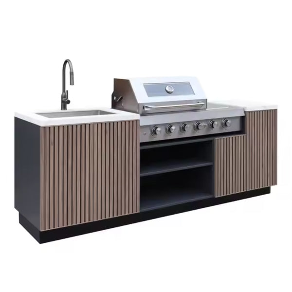 Outdoor Kitchen Island Built for Premium Grilling, Six-Burner Grill, Integrated Sink, Teak Wood Panels